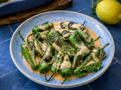 Blistered Pimientos de Padrón with Zesty Tomato Dressing: European recipe by Ivana