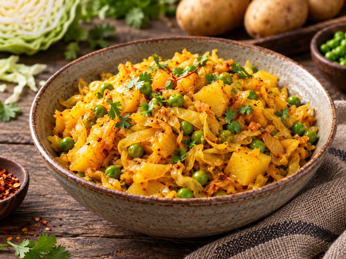 Braised Cabbage With Potatoes and Peas, a South African recipe